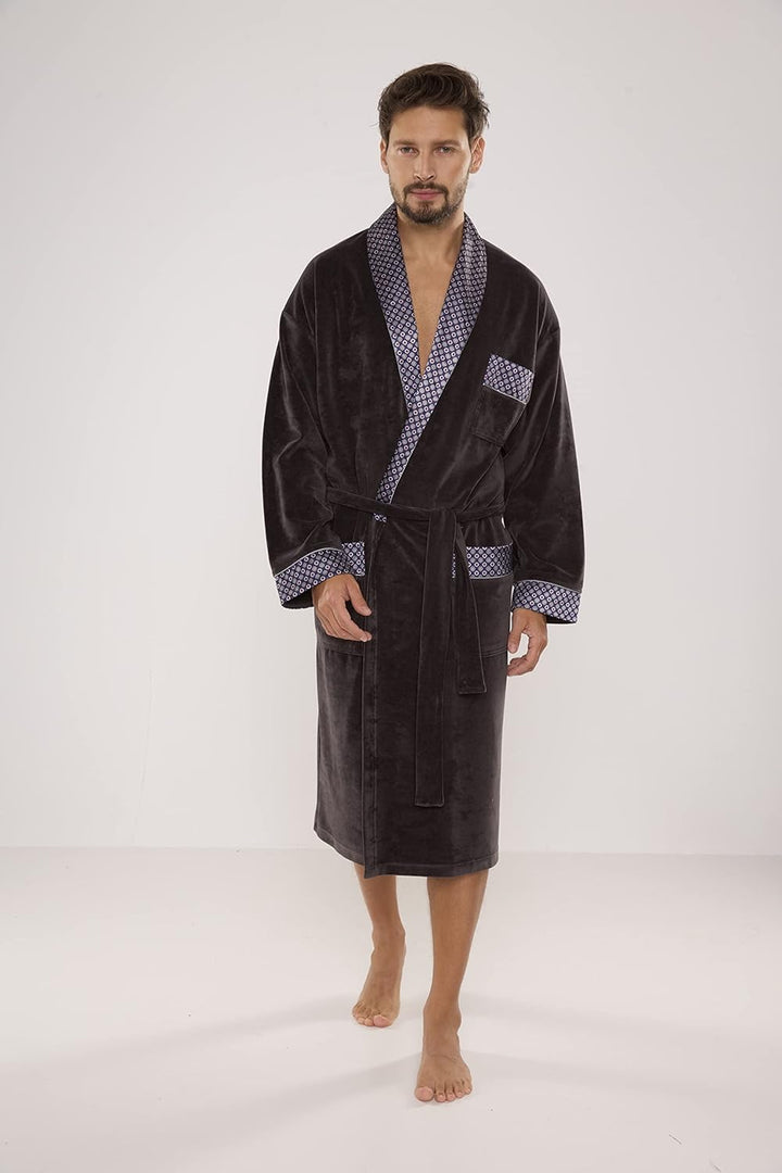 FOREX Lingerie edler und hochwertiger Baumwoll-Bademantel Herren-Mantel im tollen Design L Graphit-b
