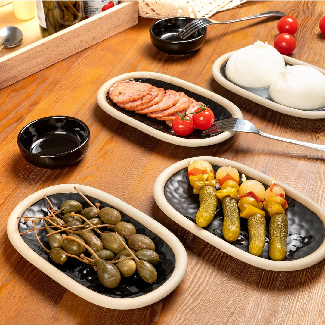 Urban Lifestyle Ovale Dessertteller Set 4er Schwarz 19,5 x 11,5 cm, Rustikale Keramik Tapasteller au
