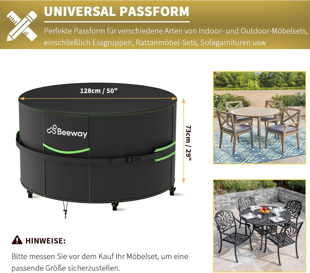 BEEWAY Gartenmöbel Abdeckung Wasserdicht V2.0 Φ128x73cm Rund, Schutzhülle Abdeckplane für Gartentisc