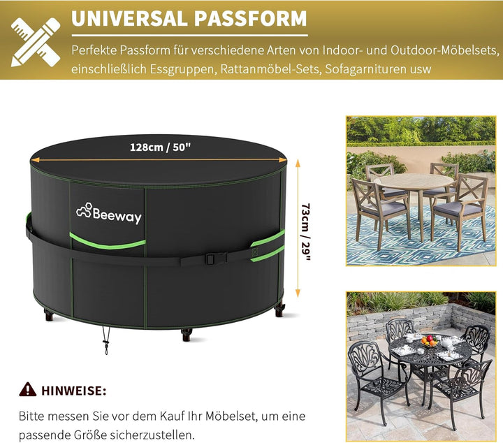 BEEWAY Gartenmöbel Abdeckung Wasserdicht V2.0 Φ128x73cm Rund, Schutzhülle Abdeckplane für Gartentisc