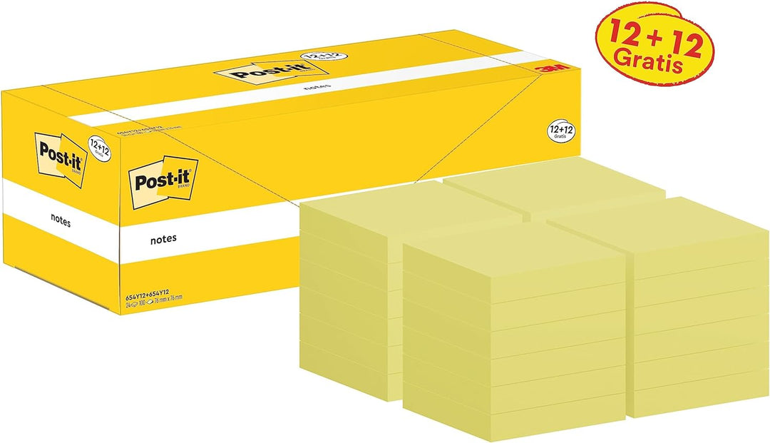 Post-it Notizen Kanariengelb, Vorteilspackung mit 24 Blöcken, 100 Blatt pro Block, 76 mm x 76 mm, Fa