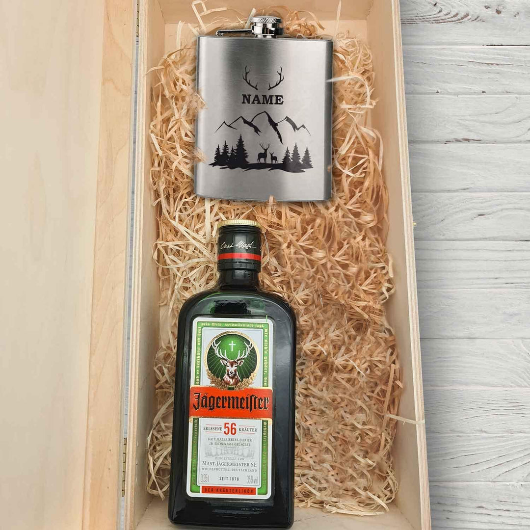 GRAVURZEILE Flachmann Geschenkset - Edelstahl Flachmann 150 ml mit Gravur im Set - inkl. Jägermeiste
