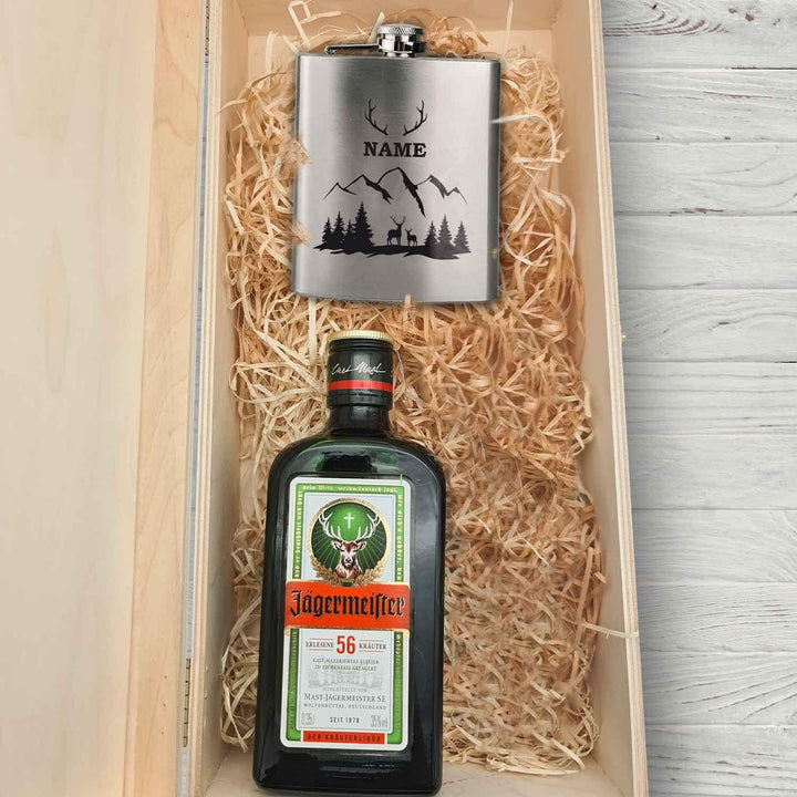 GRAVURZEILE Flachmann Geschenkset - Edelstahl Flachmann 150 ml mit Gravur im Set - inkl. Jägermeiste