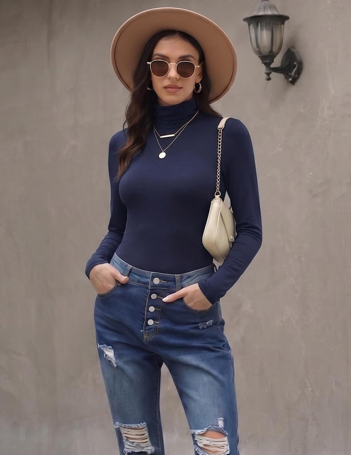 Zeagoo Damen Long Sleeve Shirt Rollkragen Slim Fit Basic Oberteile Elegant Hemd Tshirts Stretch Unte