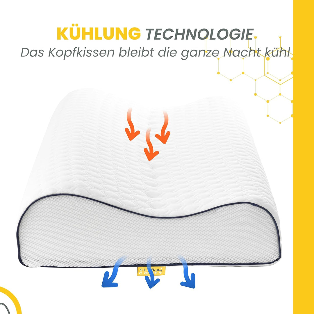 SLEEP COMFY - Premium Visco HWS Nackenkissen, 60x40x14/12cm, Kopfkissen mit Bezug, Nackenstützkissen