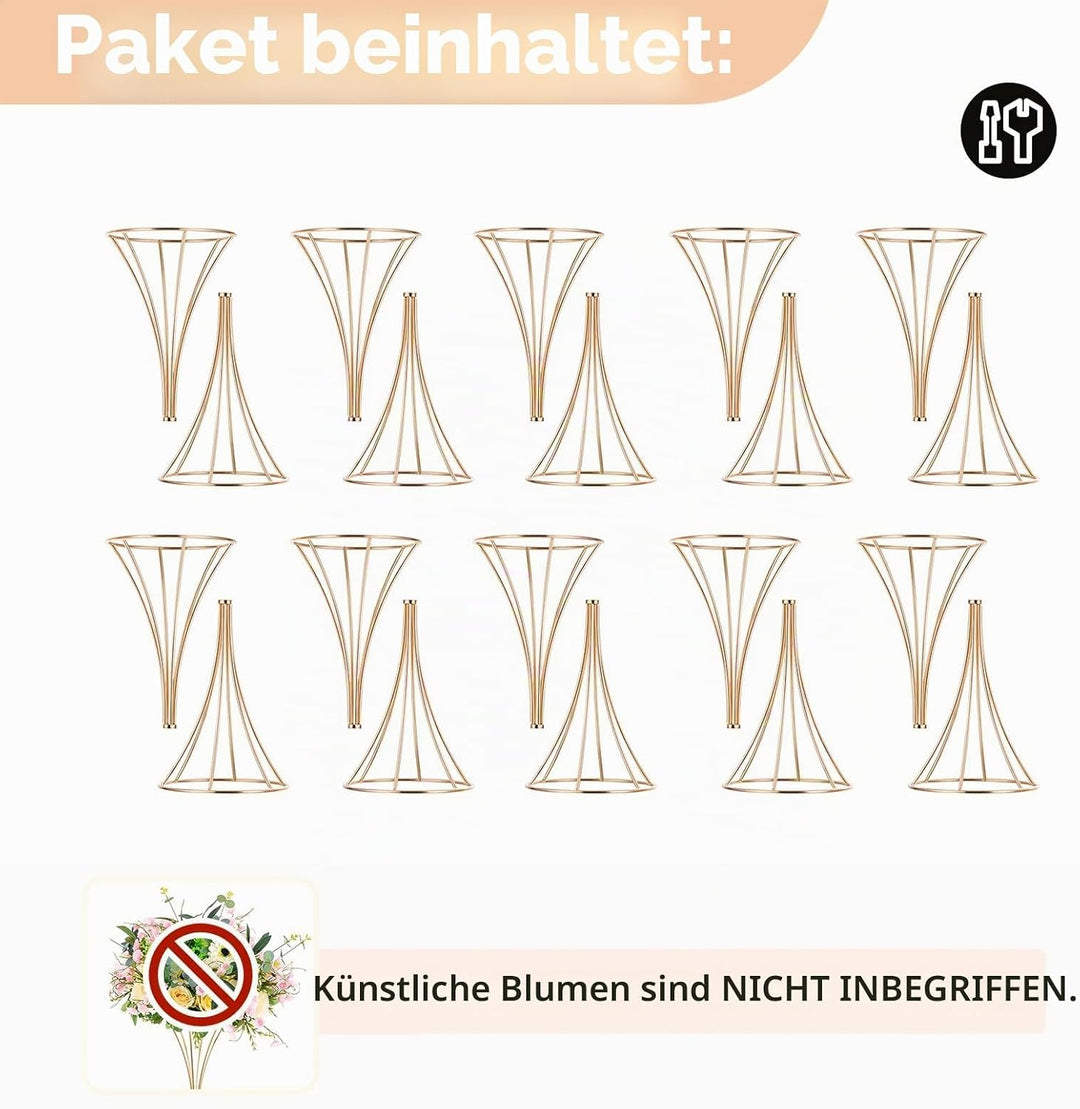 NUPTIO Blumenständer Metall Gold Hochzeit: 10 Stück 50cm Hoch Vase Tischdeko Goldene Blumenvase Trom