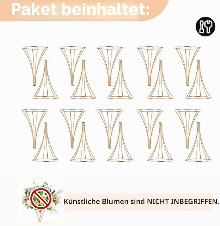 NUPTIO Blumenständer Metall Gold Hochzeit: 10 Stück 50cm Hoch Vase Tischdeko Goldene Blumenvase Trom