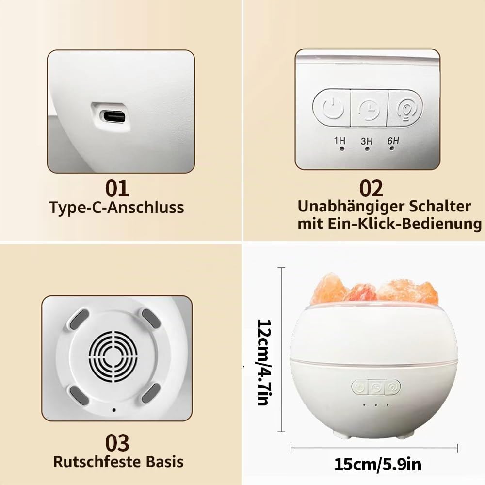 Salzsteinbefeuchter mit LED Umgebungslicht, Flammenlicht und Regenbogengradient USB Aromatherapie Ma