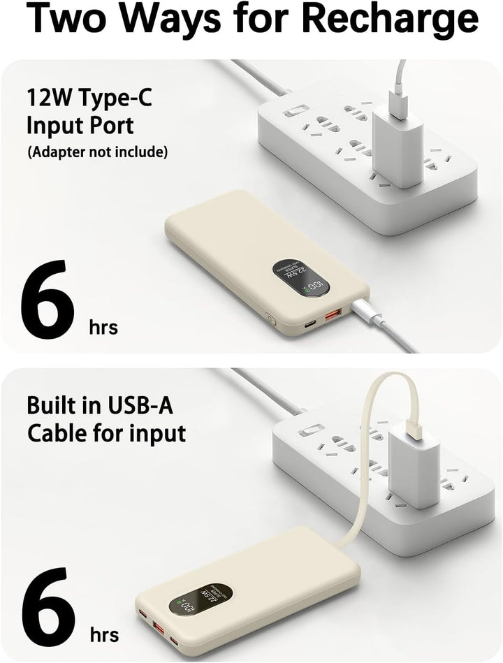 Powerbank 10000mAh 22.5W Schnellladefunktion Externer Akku mit integrierten Kabeln USB-C In/Out 5 Au