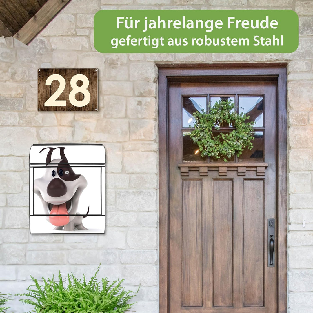banjado® Design Briefkasten mit Motiv Comic-Hund 39x47x14cm &amp; 2 Schlüssel - Briefkasten Stahl schwar