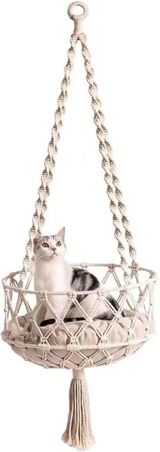 Katzenschaukel, 49 Zoll grosses hängendes Katzenbett mit Baumwollmatte, Hängematte im Boho-Stil mit