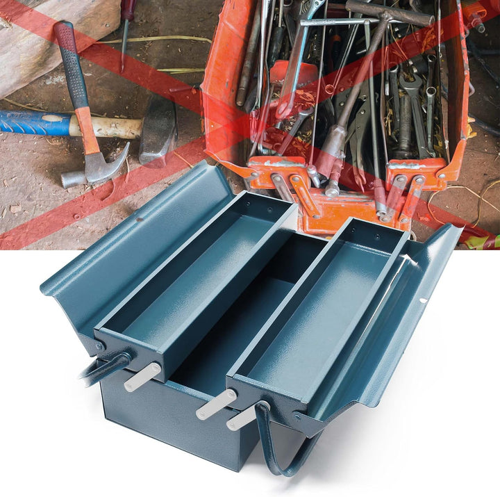 Wiltec Werkzeugkiste 420x200x160mm aus Stahl mit 3 Fächern, beständiger Werkzeugkasten mit Handgriff