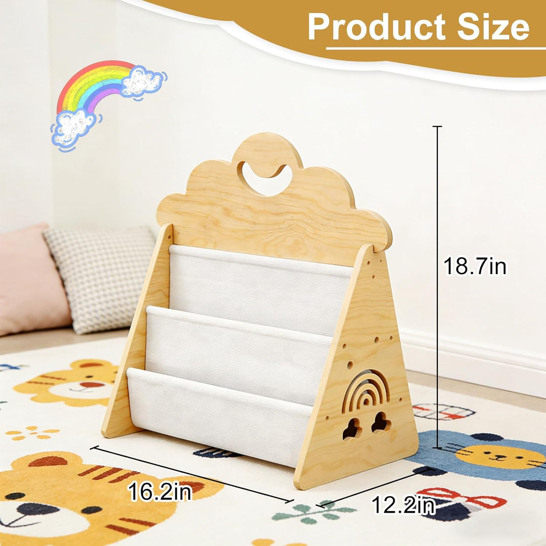 Montessori Kinder Bücherregal Holz, Offenes Frontbücherregal für Kinderzimmer & Leseecke, Tragbare B