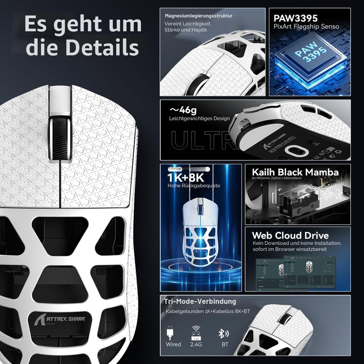 ATTACK SHARK R3 Magnesiumlegierungsmaus, kabellose 8K-Maus, 46 g SUPERLIGHT-Maus, PixArt PAW3395-Gam