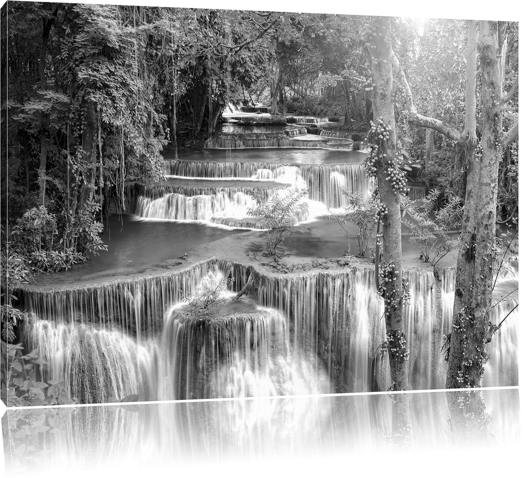 Pixxprint Wasserfall im Regenwald / 100x70cm Leinwandbild bespannt auf Holzrahmen/Wandbild Kunstdruc
