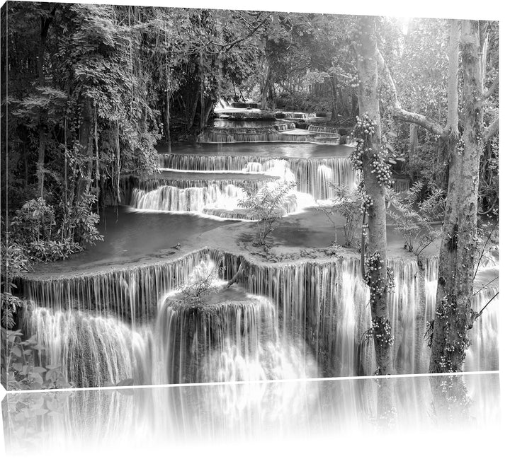 Pixxprint Wasserfall im Regenwald / 100x70cm Leinwandbild bespannt auf Holzrahmen/Wandbild Kunstdruc