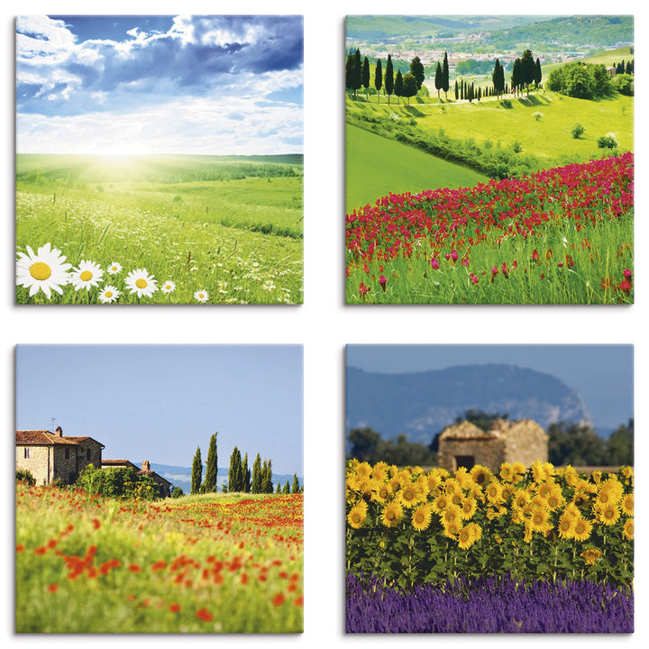 ARTLAND Leinwandbilder auf Holz Wandbild Bild Set 4 teilig je 40x40 cm Quadratisch Landschaft Blumen