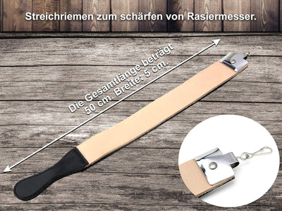 Herren Geschenk Set Rasiermesser Goldätzung Paste Solingen und Leder Abziehriemen