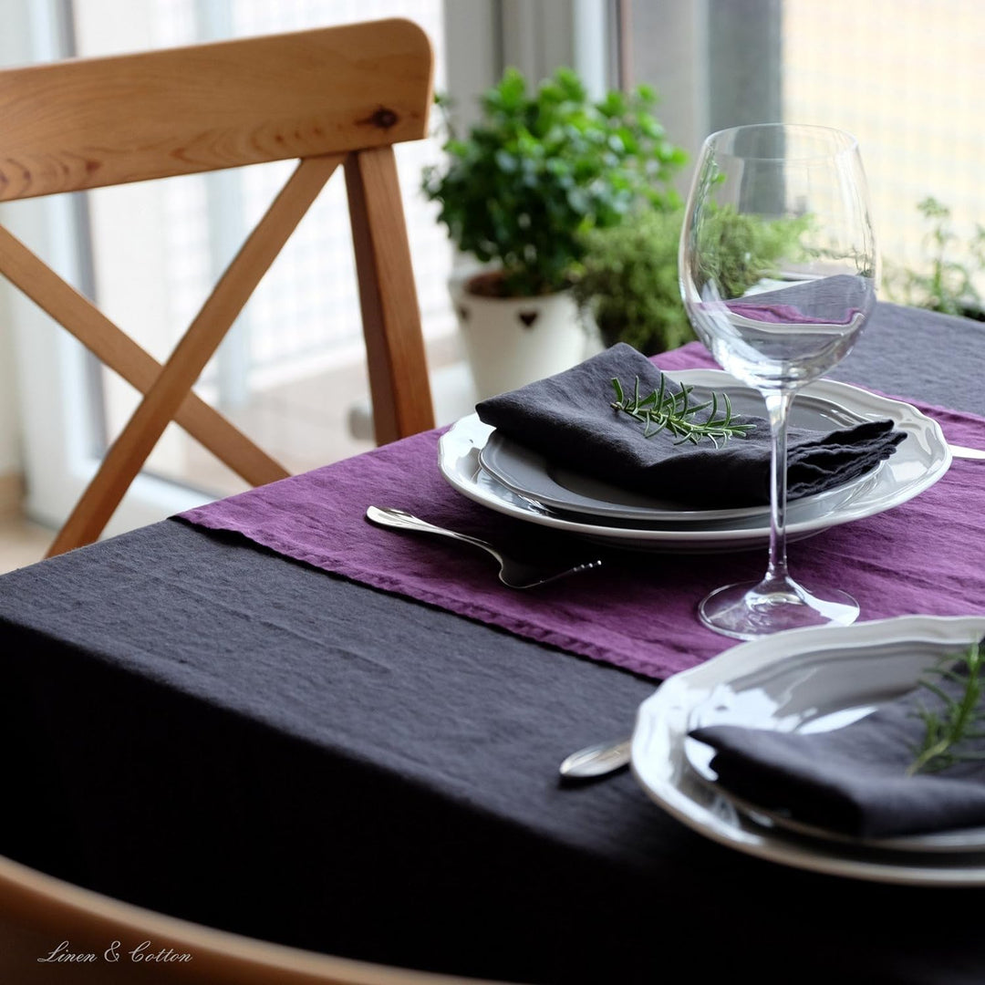 Linen &amp; Cotton Tischdecke Stoff Tischtuch Decke Nordic - 100% Leinen, Schwarz (137 x 140 cm) Mitteld