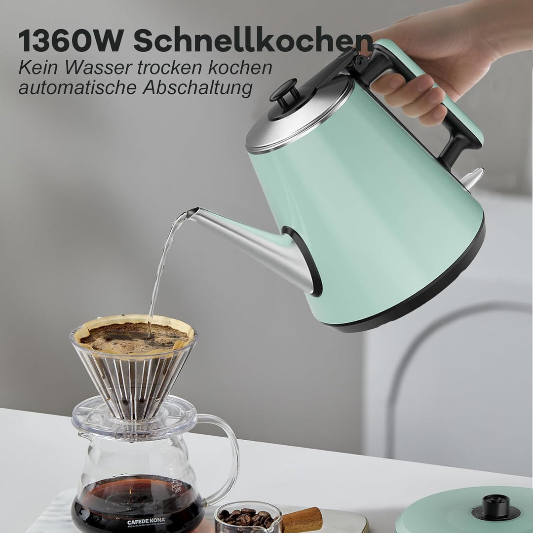 0,9L Wasserkocher - 304 Edelstahl, 1360W Schnellkochfunktion in 4-6 Minuten, Klassisches Kompaktes D