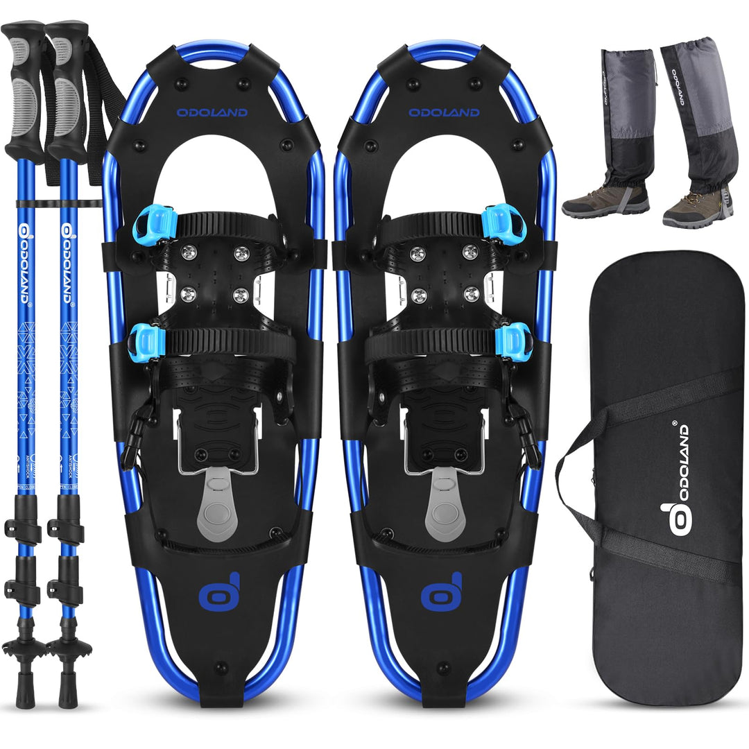 Odoland Schneeschuh-Set 4-in-1 für Männer und Frauen, Schneeschuhe mit Wanderstöcken, wasserdichte G