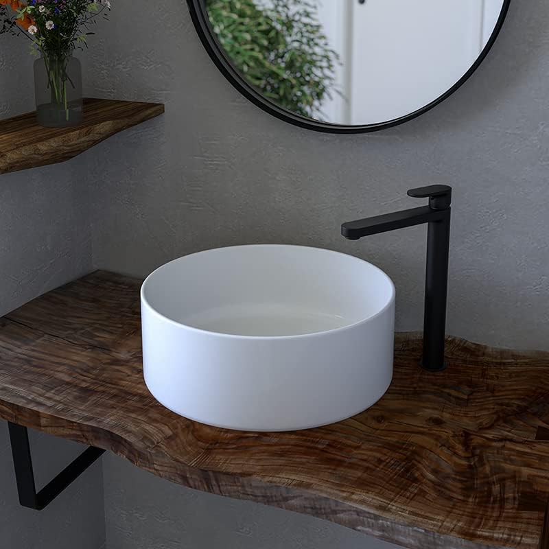 ERCOS Runder Keramik Aufsatzwaschtisch, Badezimmer Waschbecken Farbe Weiss Glänzend, ohne Überlauf,