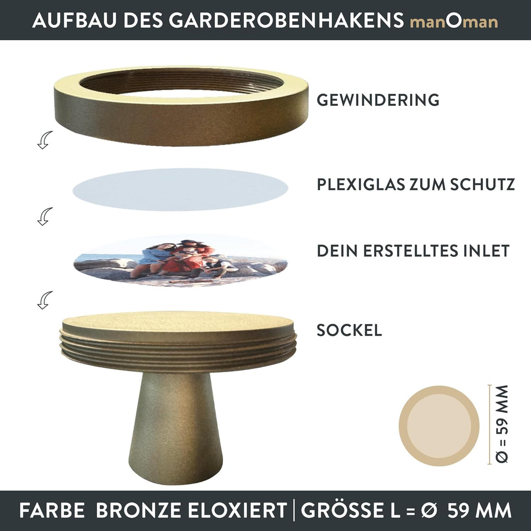 manOman Garderobenhaken Bronze eloxiert, Grösse L - 59mm, Optik individualisierbar durch DIY-Inlet,