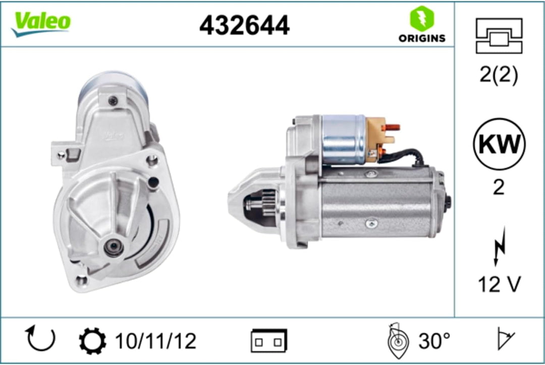 VALEO 432644 Starter Nennleistung: 2 kW Stop & Start: NO Zähnezahl: 11 zähne Spannung: 12 V Drehrich
