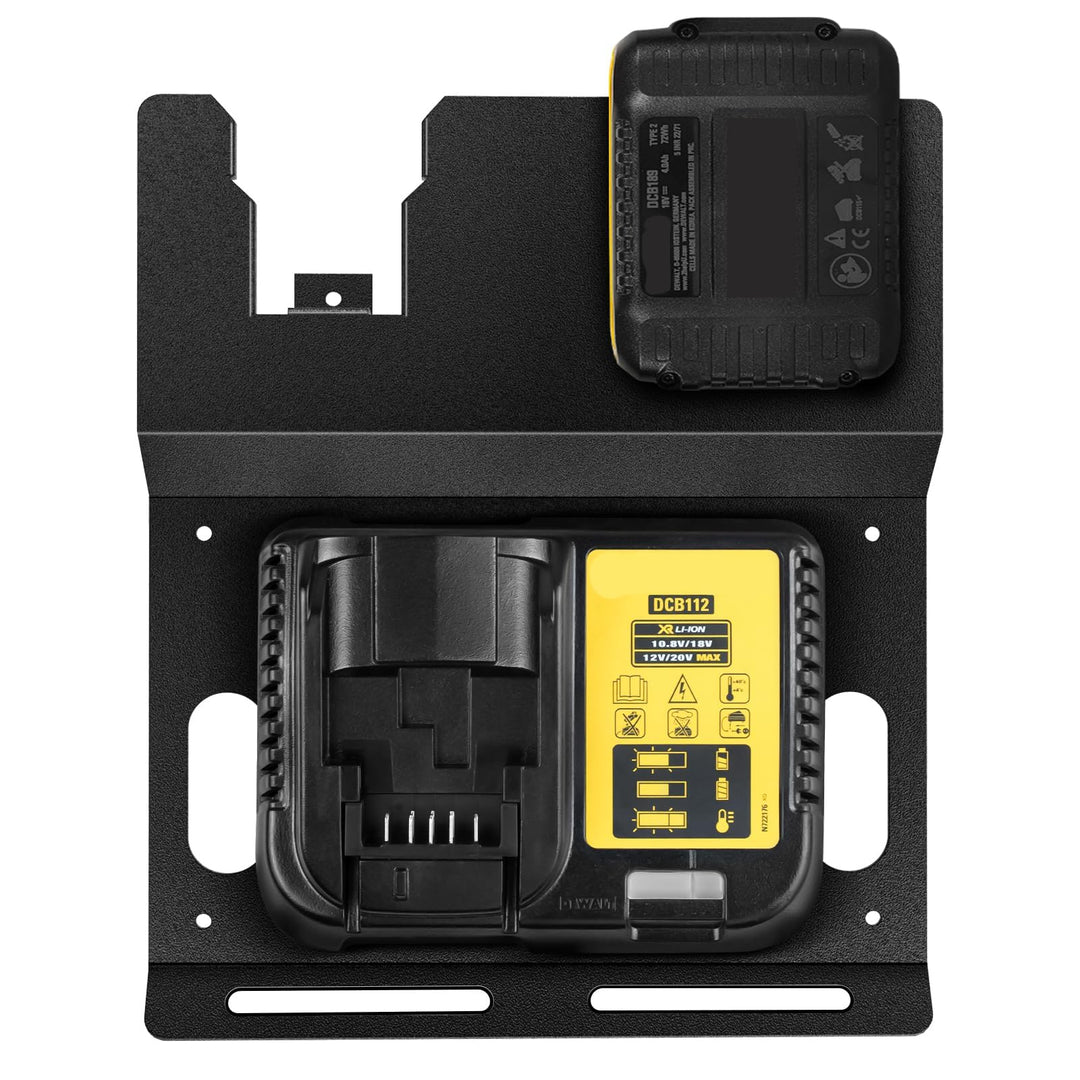 JYiuog Wandhalterung für DeWalt 20V Akku und DCB112 Ladegerät, robuster Metall Schwarz 2 Akkuhalter