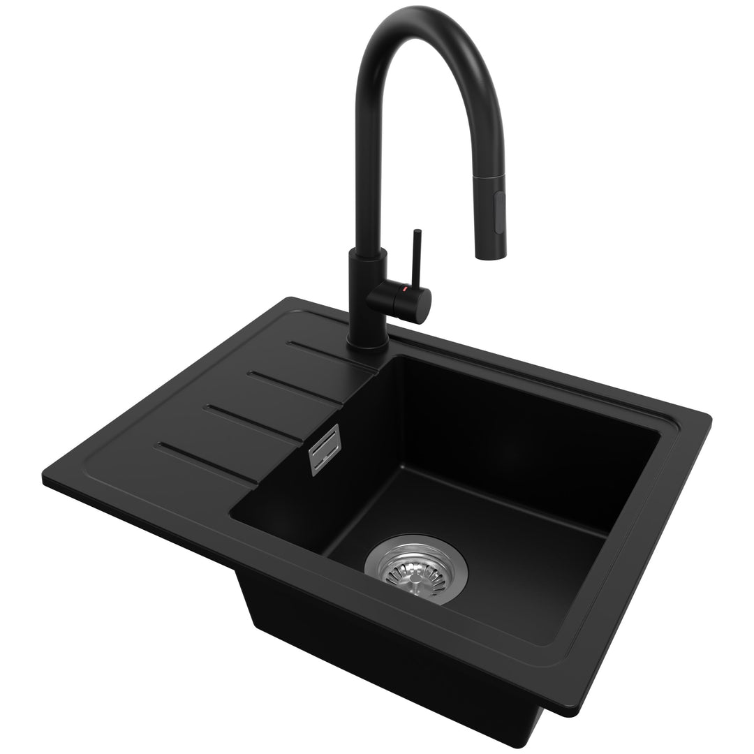 Granitspüle Schwarz 55x44 cm, Spülbecken + Ablauf-Set + Küchenarmatur 9050, Küchenspüle für 45er Unt