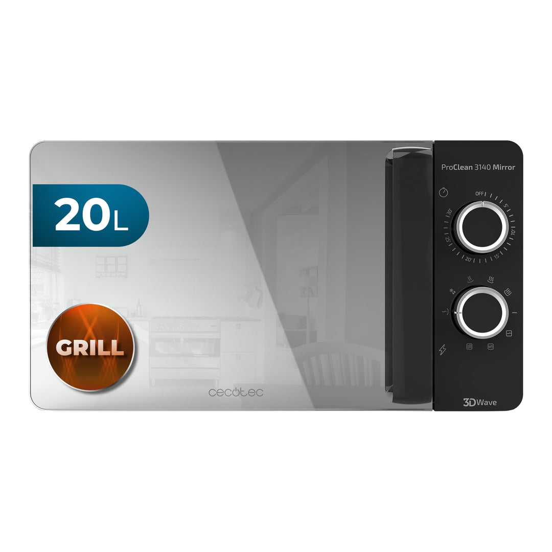 Cecotec Pro Clean 3140 Mirror Mikrowelle 700 W Quarz Grill 800 W 20 L Hochpollierte Silver Frontspie