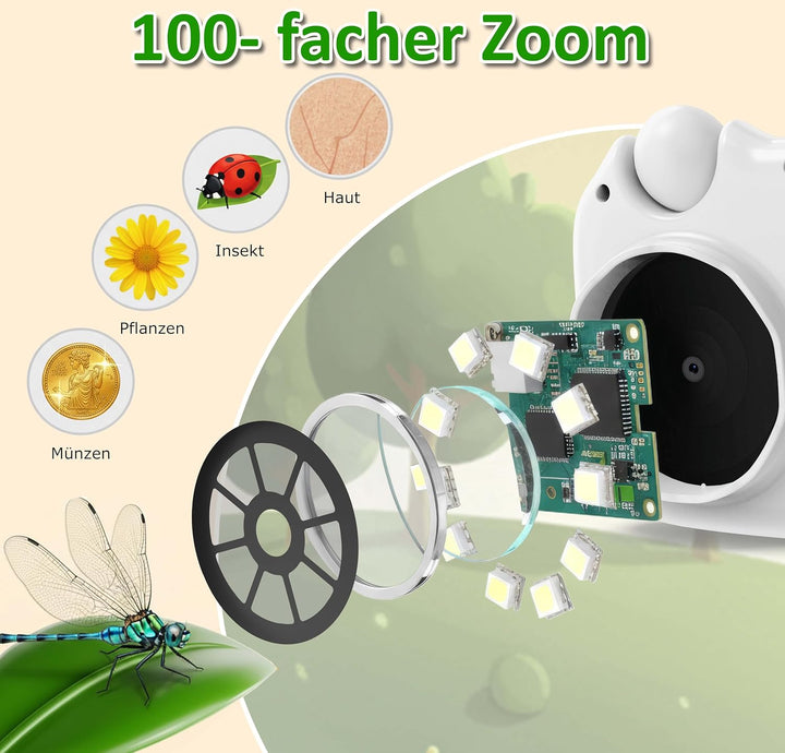 Kinder Mikroskop Kamera 48MP Digitalkamera mit 100x Vergrösserung HD Display Videoaufnahme Zoom Lern