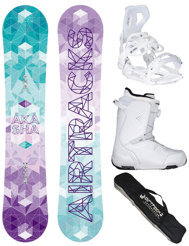 Airtracks Damen Snowboard Set Akasha Flat Zero Rocker + Bindung Master W Fastec + Snowboard Boots +