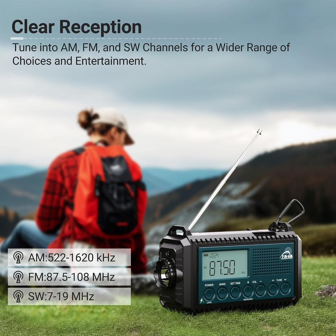AM/FM/SW Kurbelradio mit 12000mAh Akku Wiederaufladbare, Tragbare Radio mit Taschenlampe &amp; Leselicht