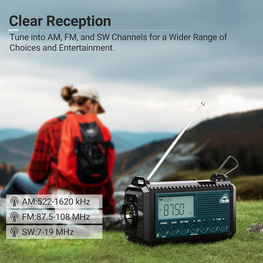 AM/FM/SW Kurbelradio mit 12000mAh Akku Wiederaufladbare, Tragbare Radio mit Taschenlampe &amp; Leselicht