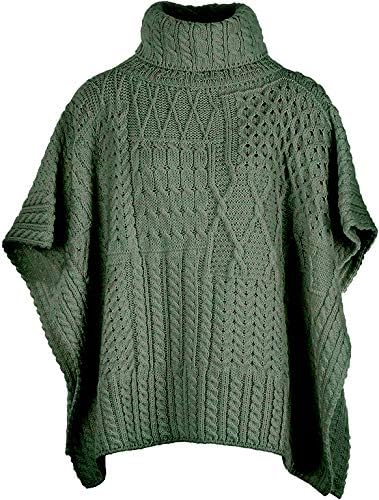 Irischer Aran Cowl Cape Patchwork Umhang Strickponcho Wollponcho 100% Merinowolle für Damen Grün, Gr