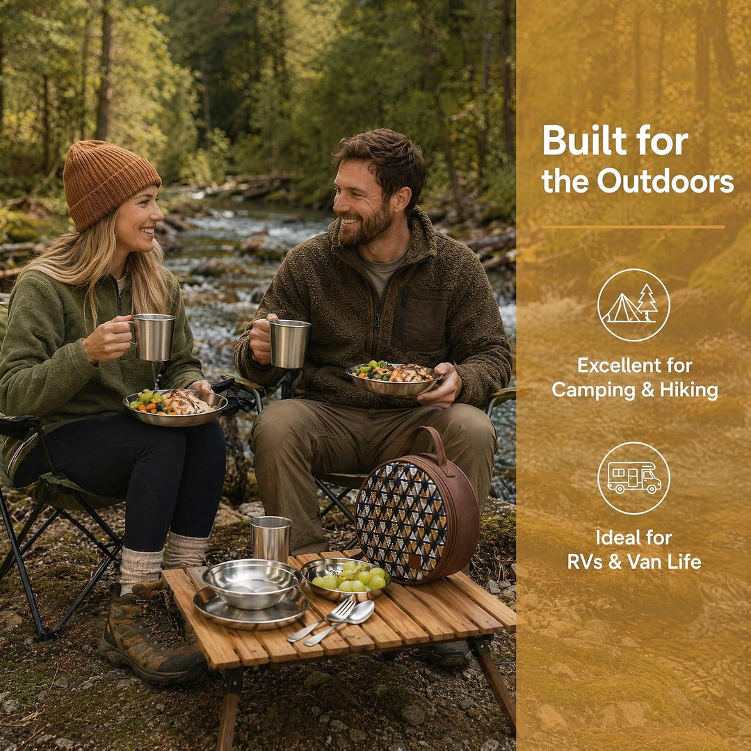 Campingbesteck Set 2 Person, 15 Stück Edelstahl Besteck mit Etui Messer Gabel Löffel Teller Kaffeebe