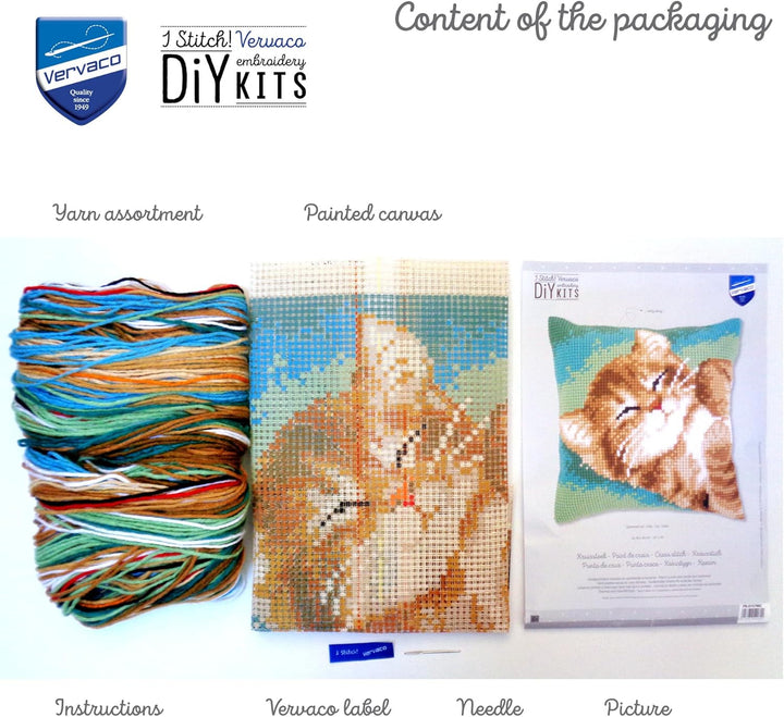 Vervaco Kreuzstichkissen Katze Kreuzstickpackung vorgedruckt, Aida, weiss, 40 x 40 x 0,3 cm