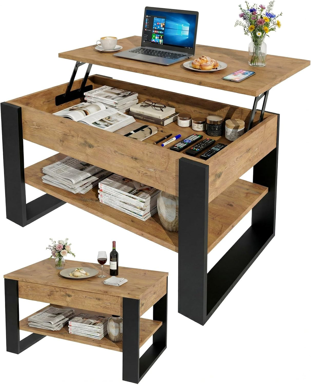 Couchtisch mit anhebbarer Platte | Höhenverstellbarer Wohnzimmertisch mit Stauraum | Sofatisch Eiche