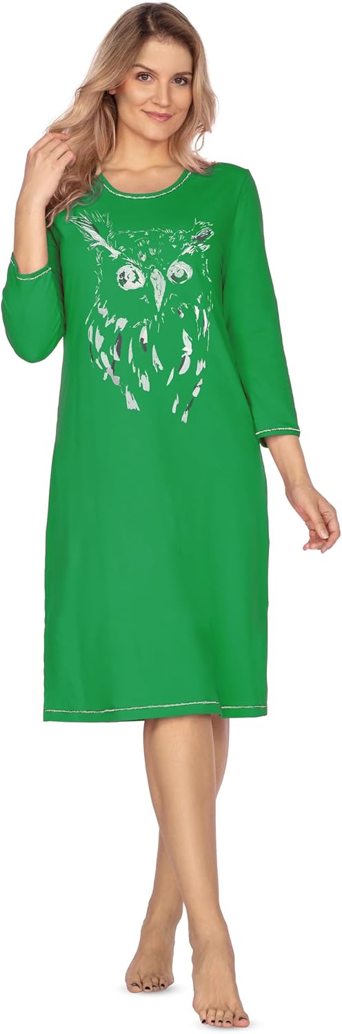 e.Femme® Damen Nachthemd Jenny 1113 aus 93% Baumwolle und 7% Elasthan, mit Eule Smaragd 42, Smaragd