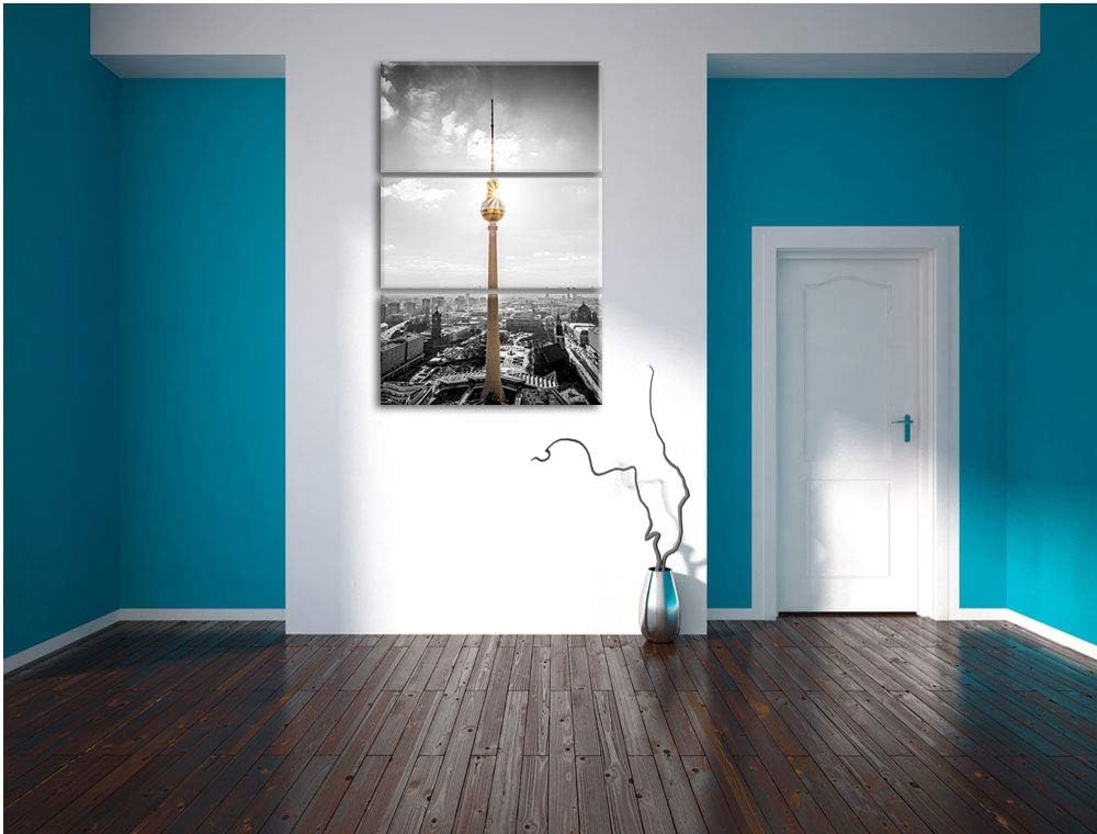 Berliner Fernsehturm am späten Nachmittag schwarz/weiss 3-Teiler Leinwandbild 120x80 Bild auf Leinwa