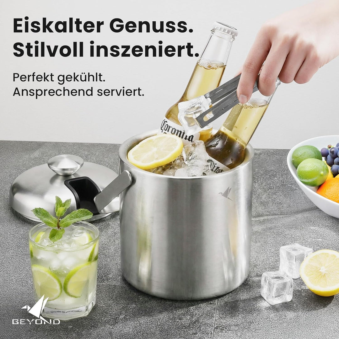Beyond Eiswürfelbehälter mit Deckel und Zange 100% bpa frei aus Edelstahl - Eiswürfelkühler, doppelw