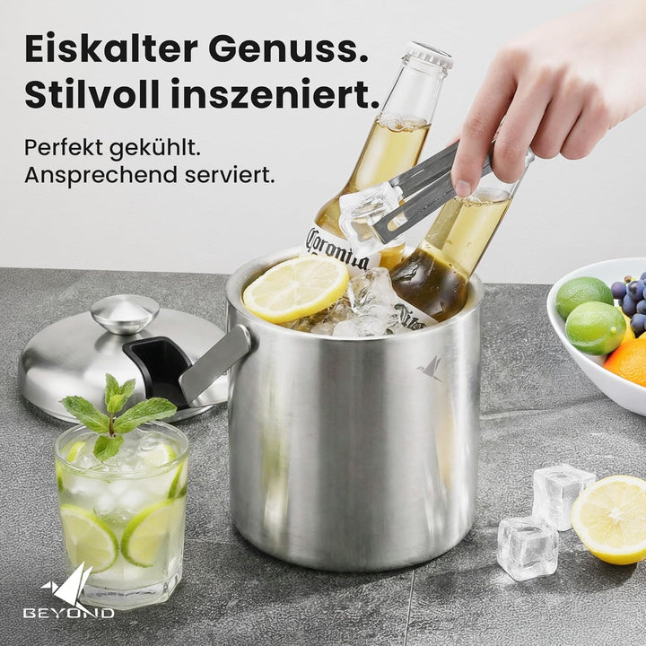 Beyond Eiswürfelbehälter mit Deckel und Zange 100% bpa frei aus Edelstahl - Eiswürfelkühler, doppelw