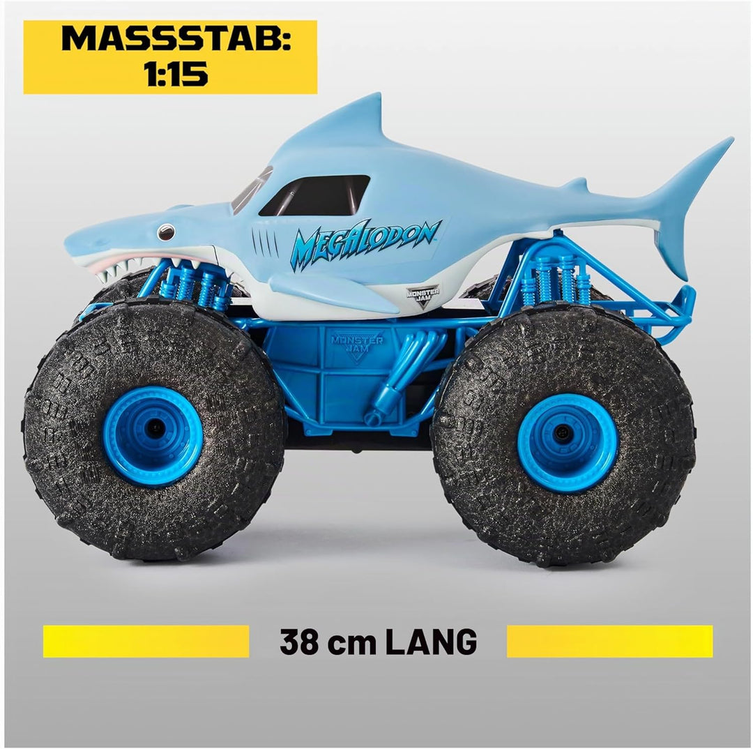 Monster Jam Megalodon Storm, RC Truck, Amphibienfahrzeug in Hai-Optik für Land und Wasser, Massstab