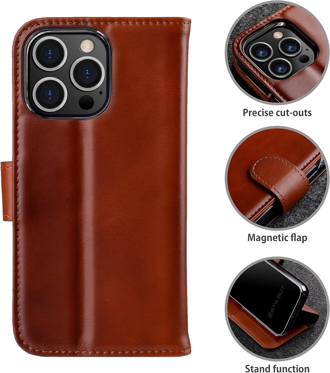 STILGUT Talis kompatibel mit iPhone 13 Pro Max (6.7“) Hülle mit Kartenfach aus Leder, Flip Cover, Wa