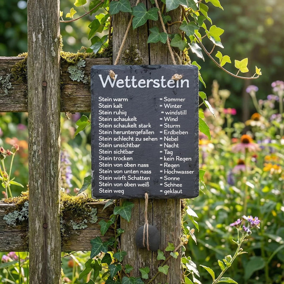 MIJOMA Wetterstein Schiefertafel – Wetterstation aus Schiefer mit Juteband – rustikale Deko für Gart