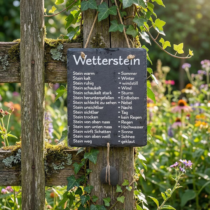 MIJOMA Wetterstein Schiefertafel – Wetterstation aus Schiefer mit Juteband – rustikale Deko für Gart