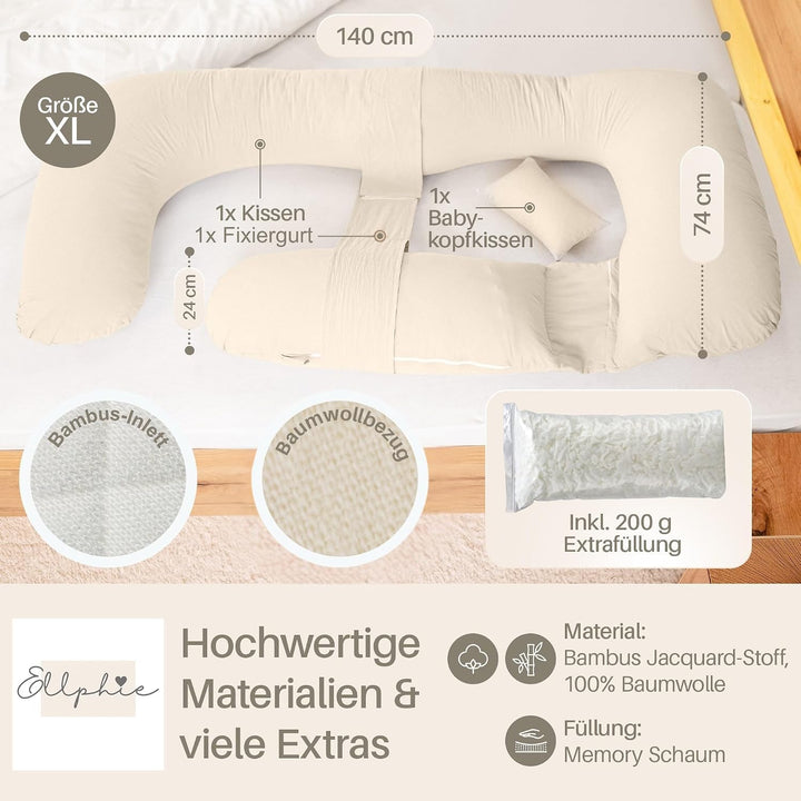 Seitenschläferkissen XL, Schwangerschaftskissen, Stillkissen, Memory Foam Füllung, Kissenbezug 100%