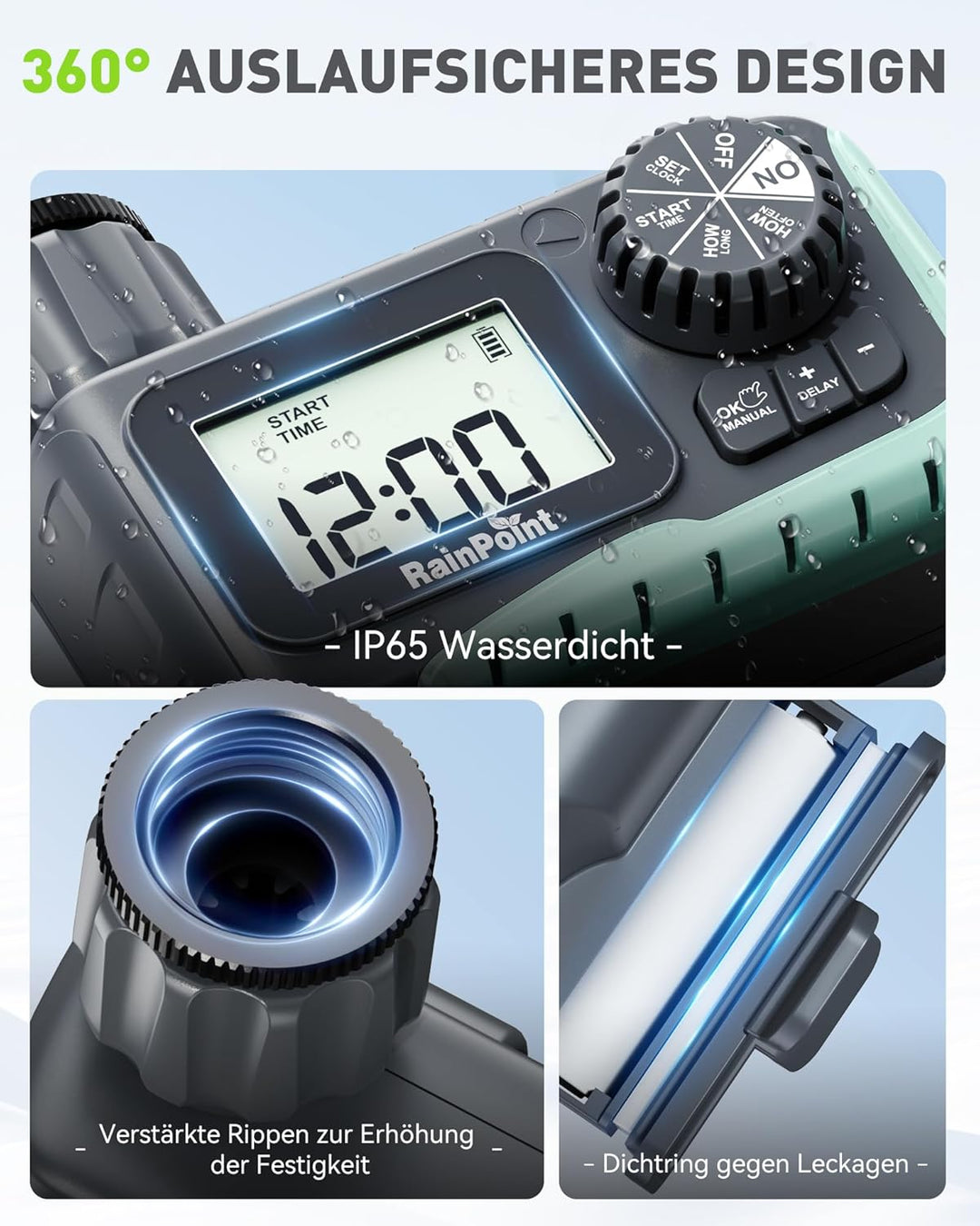 RAINPOINT Bewässerungscomputer, Aufgerüsteter Wasserzeitschaltuhr mit Regenverzögerung/Manueller Bew