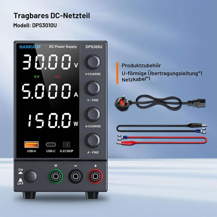Labornetzgerät einstellbar 30V 5A, Variables DC-Netzteil mit USB-A/Typ-c-Schnellladeanschluss, hochp